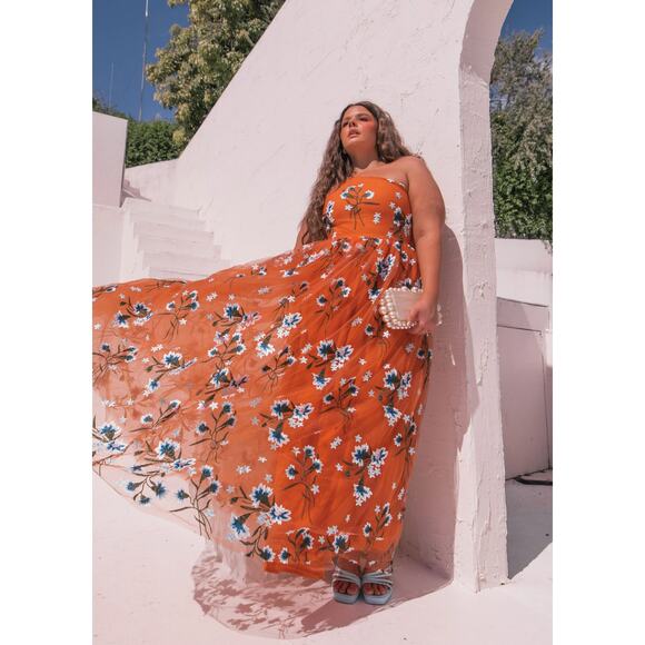 NWT Jessakae 3X Serene Floral Dress Orange Floral One Shoulder Embroidered - Picture 6 of 16